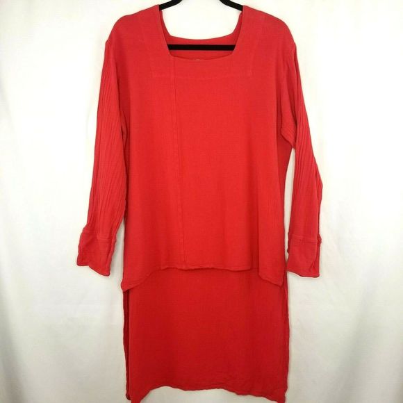 Gauzey Women's Medium Red Asymmetrical High Low Lagenlook Gauze 100% Cotton - Picture 1 of 7